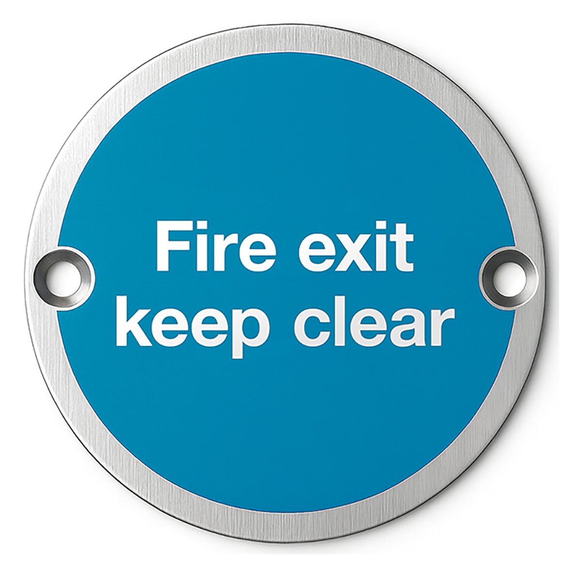 Light Blue Fire Exit Keep Clear Door Sign - 75mm Diameter - Satin Stainless Steel