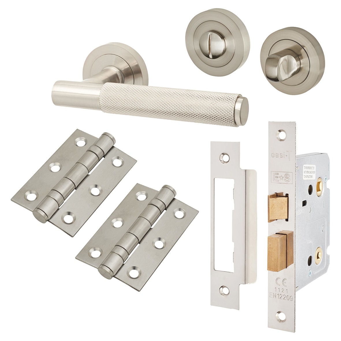 Satin Nickel Knurled Bathroom Lock Door Handles Pack- Remi Range