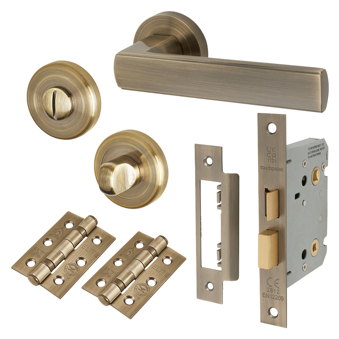 Antique Brass Bathroom Lock Door Handles on Rose Pack - Zara Range
