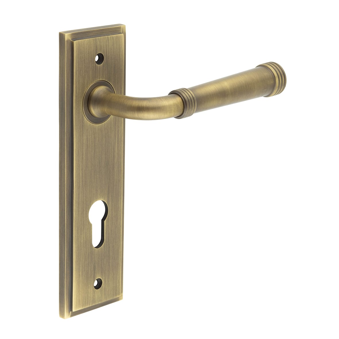 Antique Brass Fire Rated DIN Euro Lock Door Handles - Highgate - 200 x 55mm