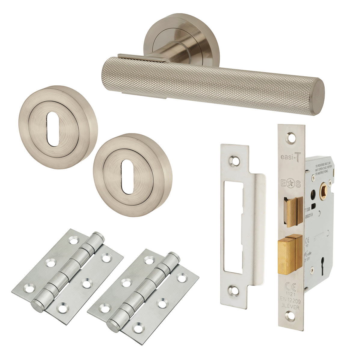 Satin Nickel Knurled 3 Lever Sashlock Door Handles on Rose Pack - Orla Range