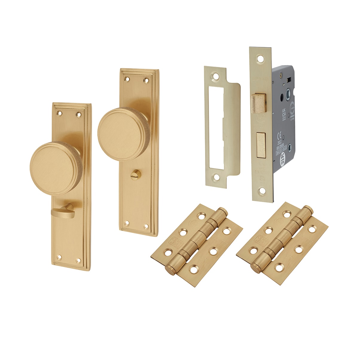 Satin Brass Knurled Bathroom Mortice Door Knobs on Backplate Pack - Miller Range - 205 x 52mm