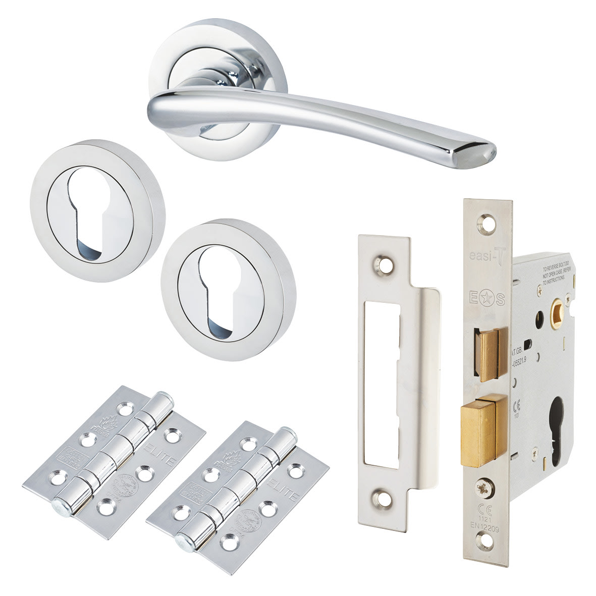Polished Chrome Euro Lock Door Handles on Rose Pack - Rimini Range
