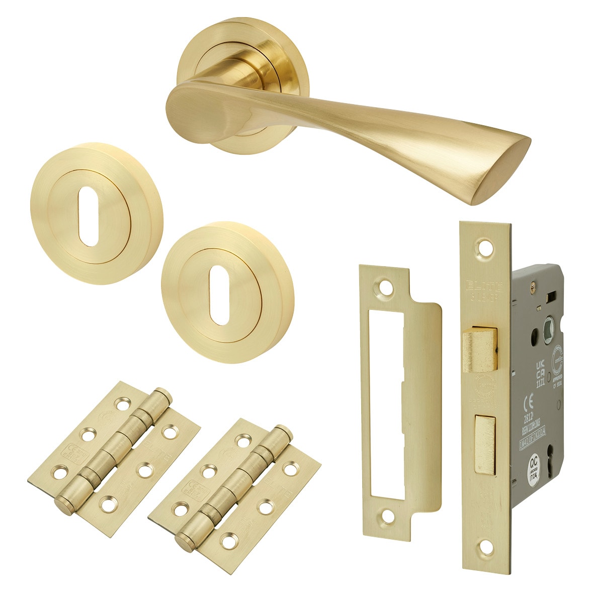 Satin Brass 3 Lever Sashlock Door Handles on Rose Pack - Knightsbridge Range
