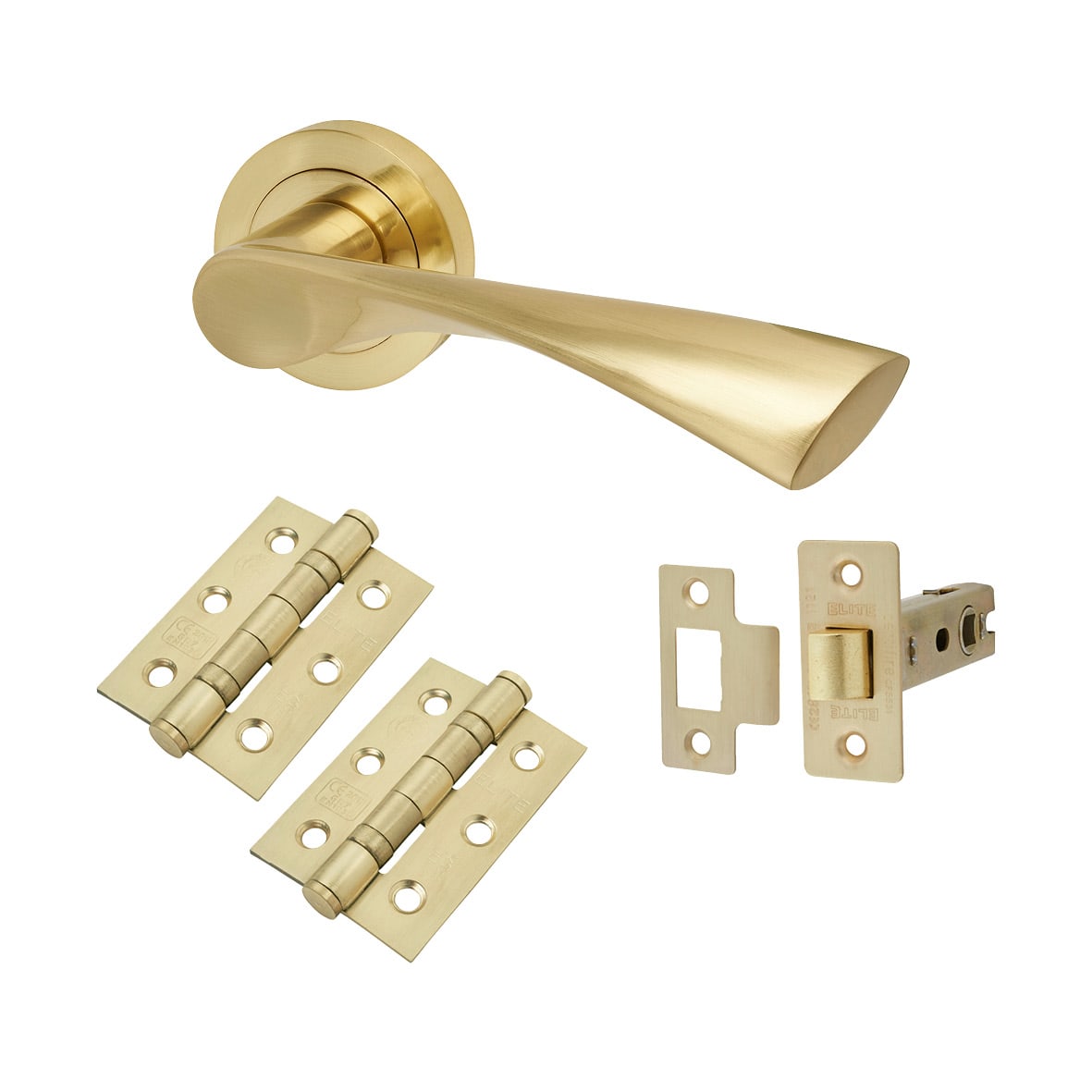 Satin Brass Latch Door Handles on Rose Pack - Knightsbridge Range