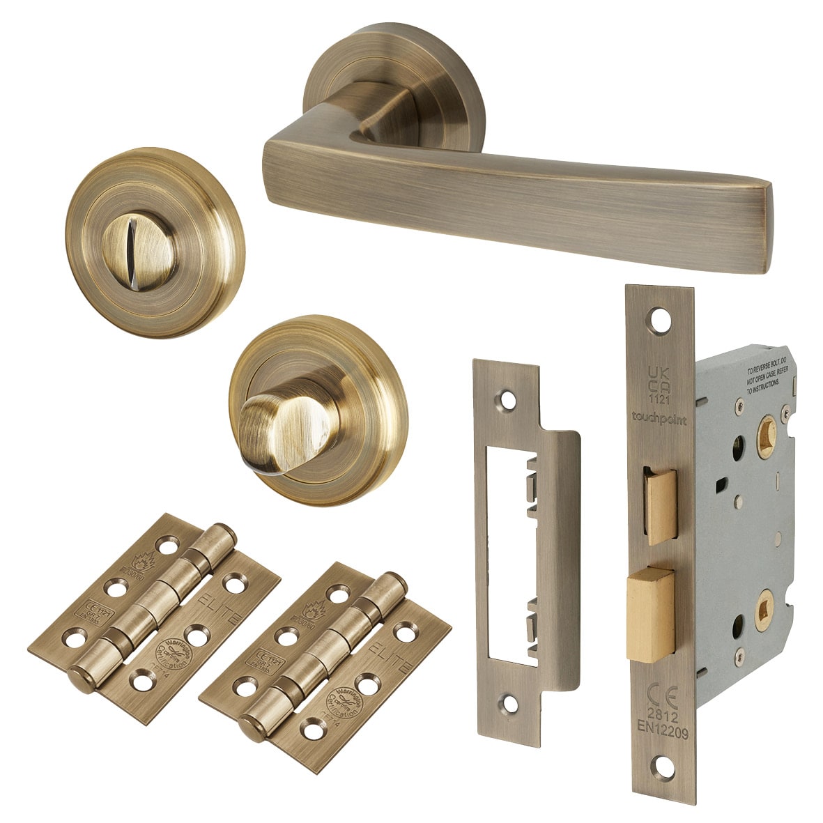 Antique Brass Bathroom Lock Door Handles on Rose Pack - Ivy Range