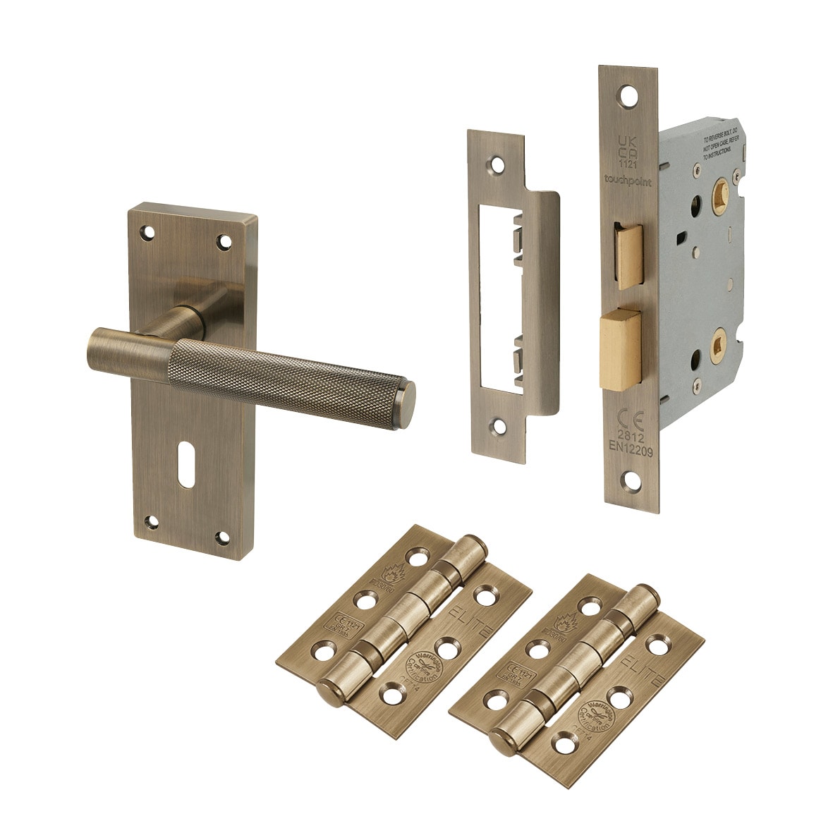 Antique Brass Knurled 3 Lever Sashlock Door Handles Pack - Remi Range