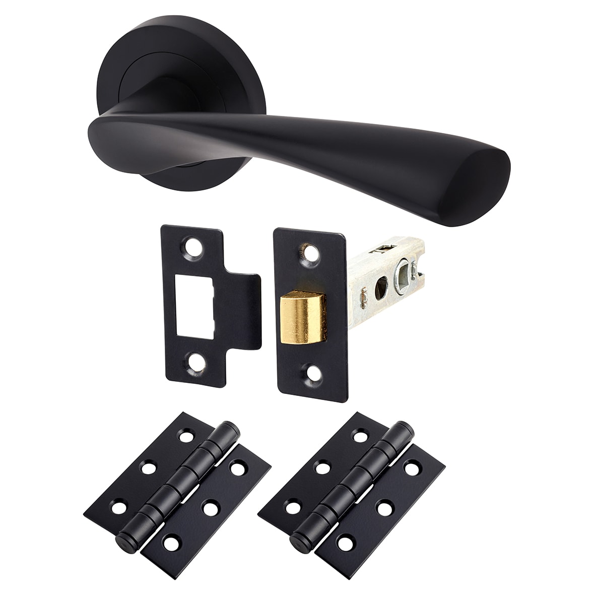 Matt Black Latch Door Handles on Rose Pack - Ariel Range