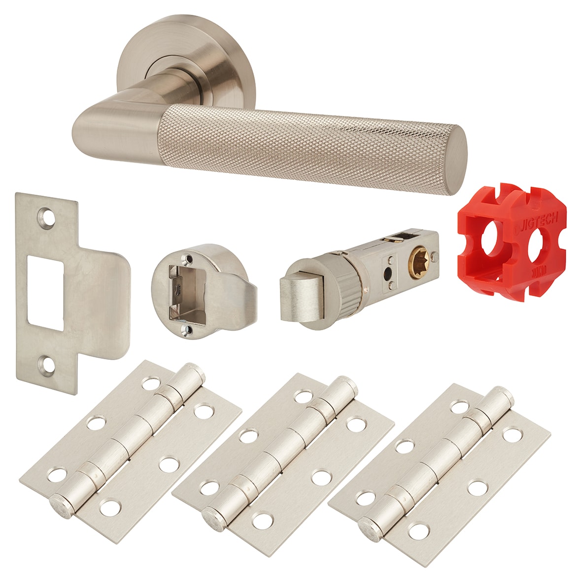 Satin Nickel Knurled Latch Door Handles on Rose Pack - Passage - Tactil Range