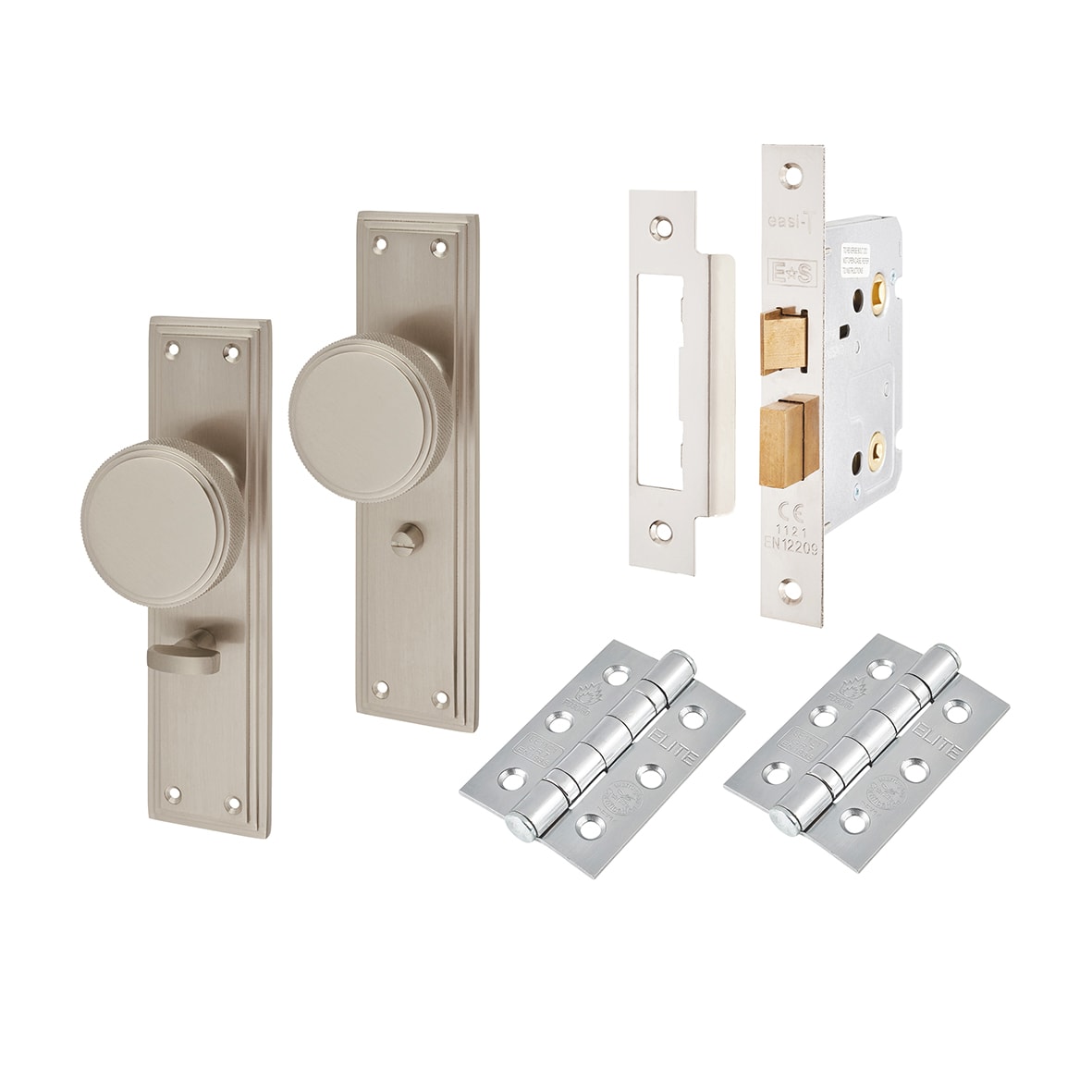 Satin Nickel Knurled Bathroom Mortice Door Knobs on Backplate Pack - Miller Range - 205 x 52mm