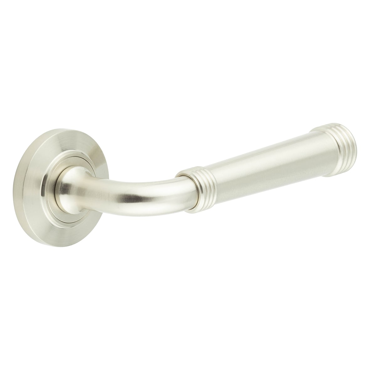 Satin Nickel Fire Rated Door Handles on Round Chamfered Rose - Highgate Range