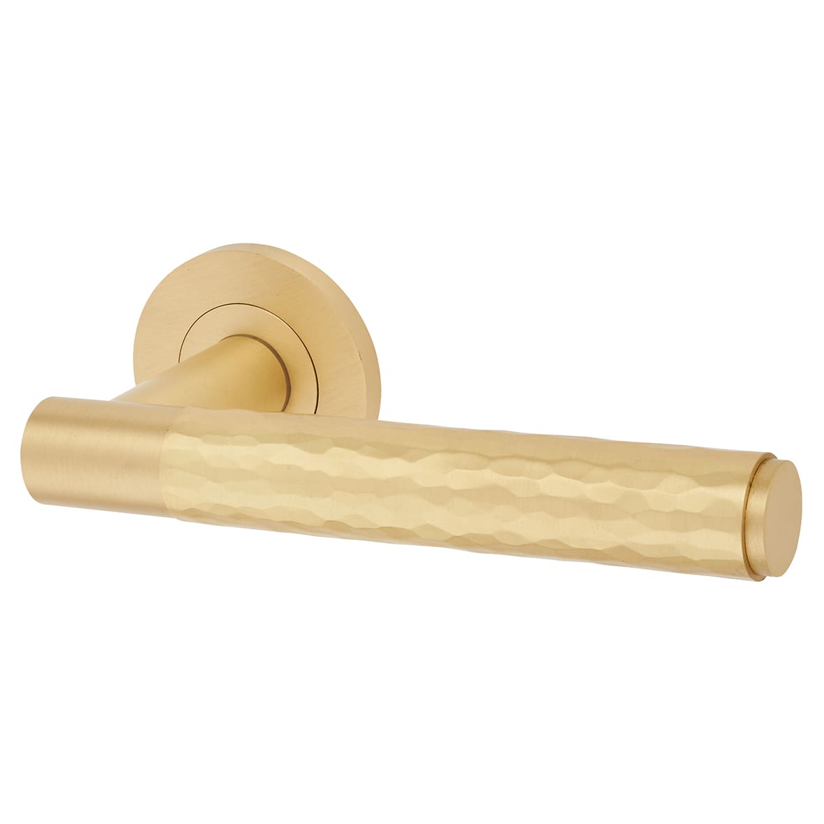 Satin Brass Hammered Door Handles on Round Rose - Spitfire Range