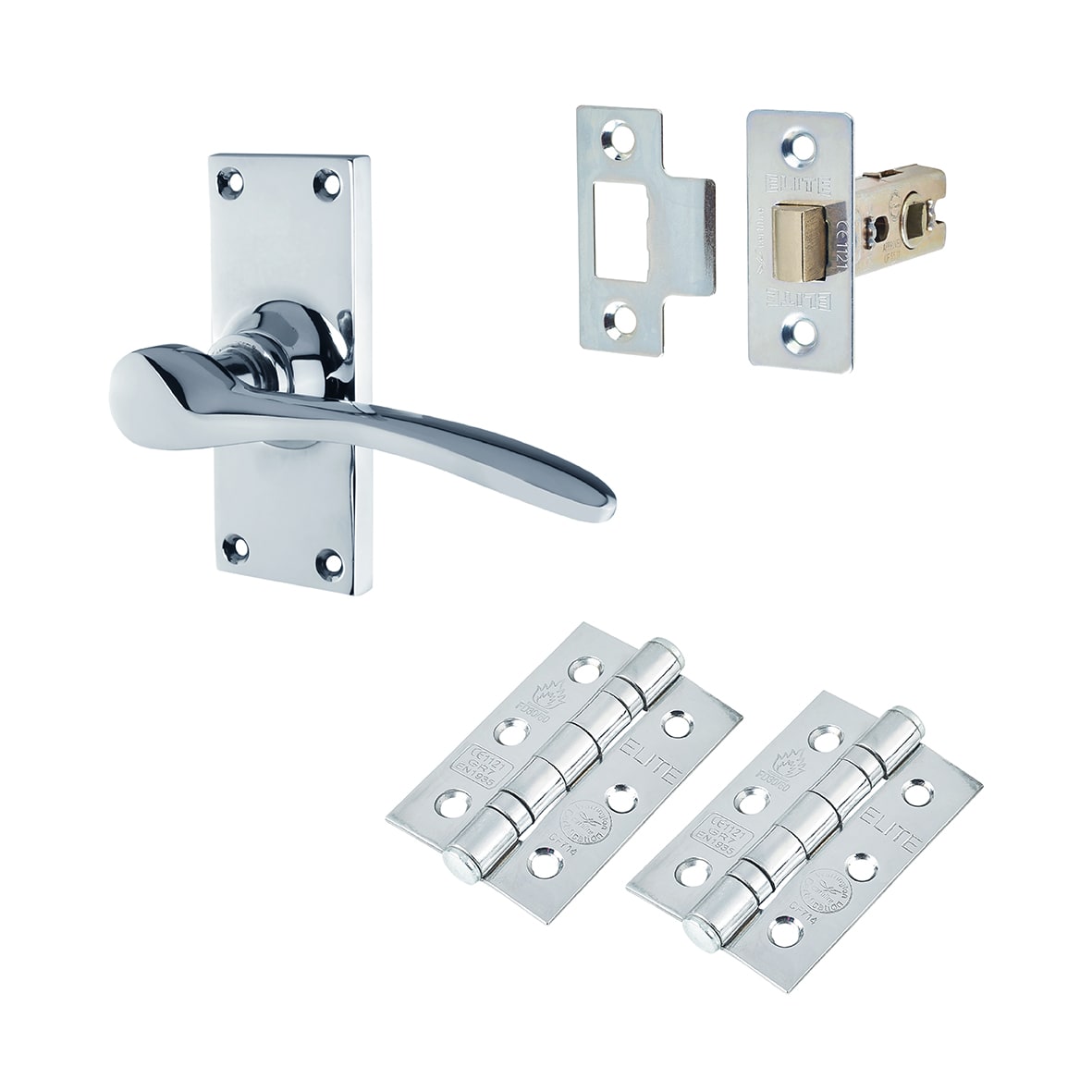 Polished Chrome Latch Door Handles Pack - Short Plate - Buckingham Range