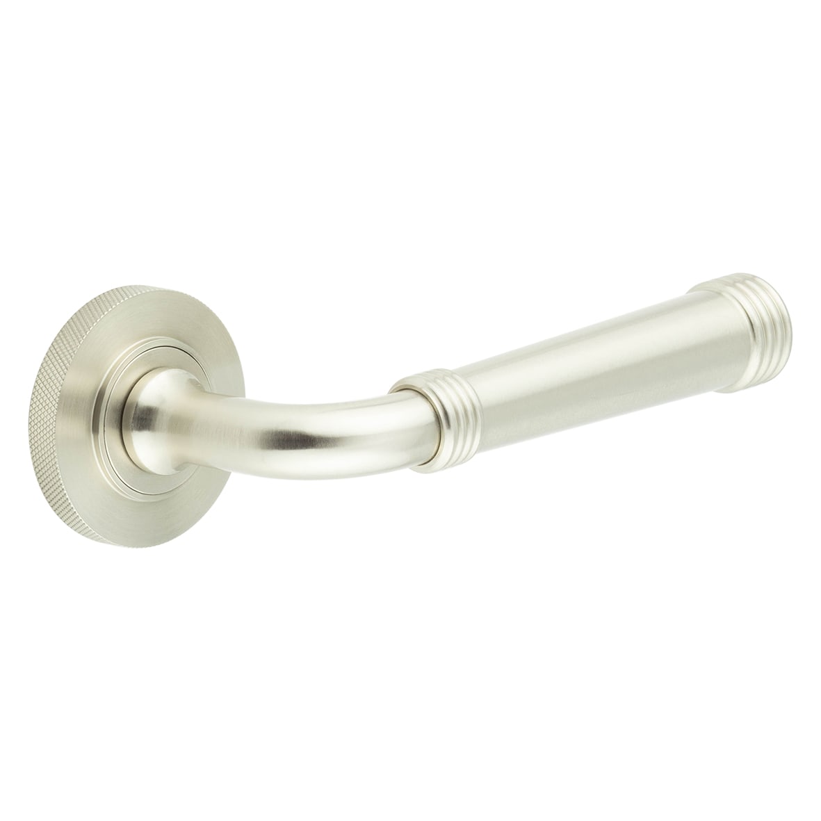 Satin Nickel Fire Rated Door Handles on Round Knurled Rose - Highgate Range
