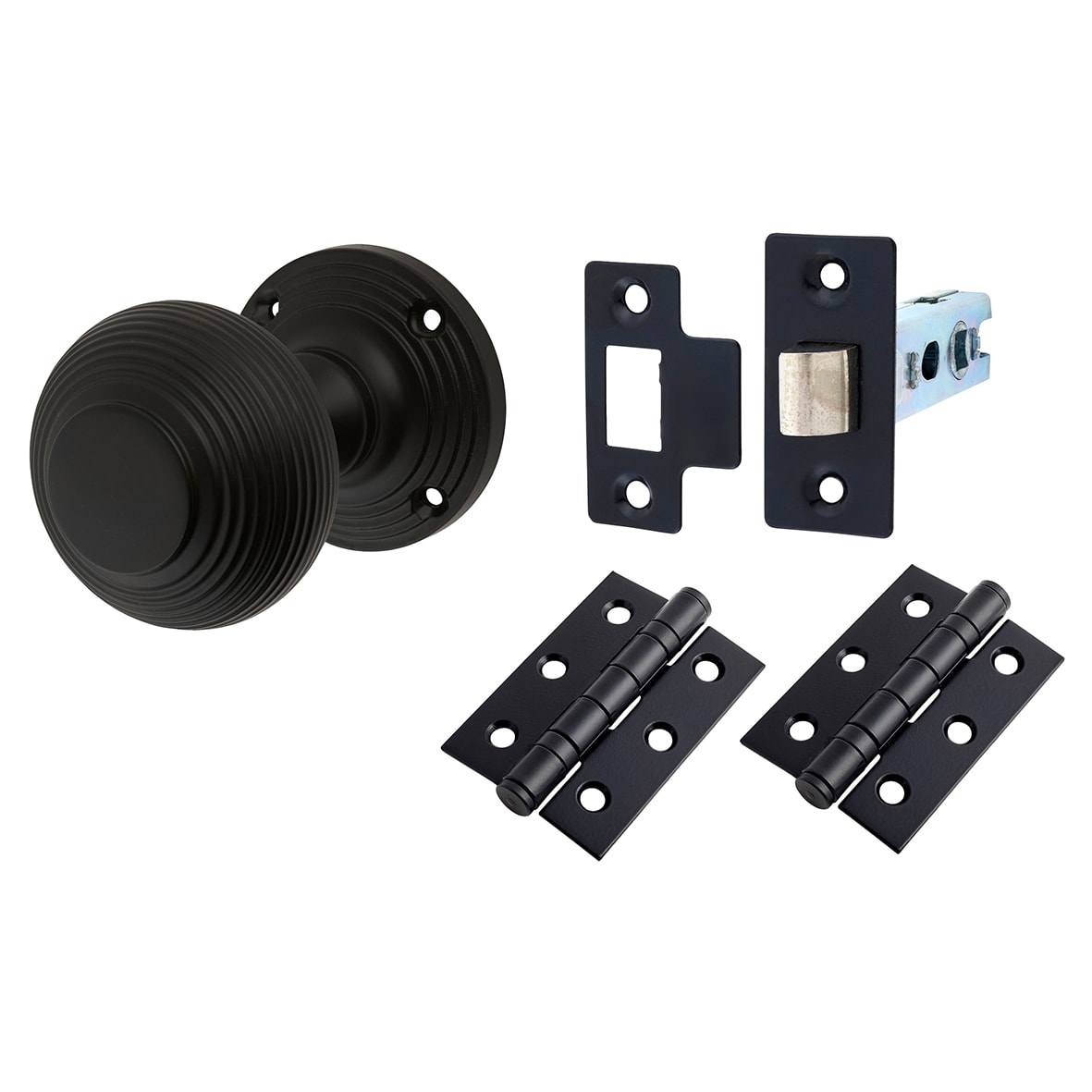 Matt Black Beehive Mortice Door Knobs Pack - 60mm Rose Diameter