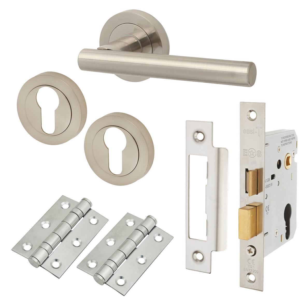 Satin Nickel Euro Lock Door Handles on Rose Pack - Ella Range