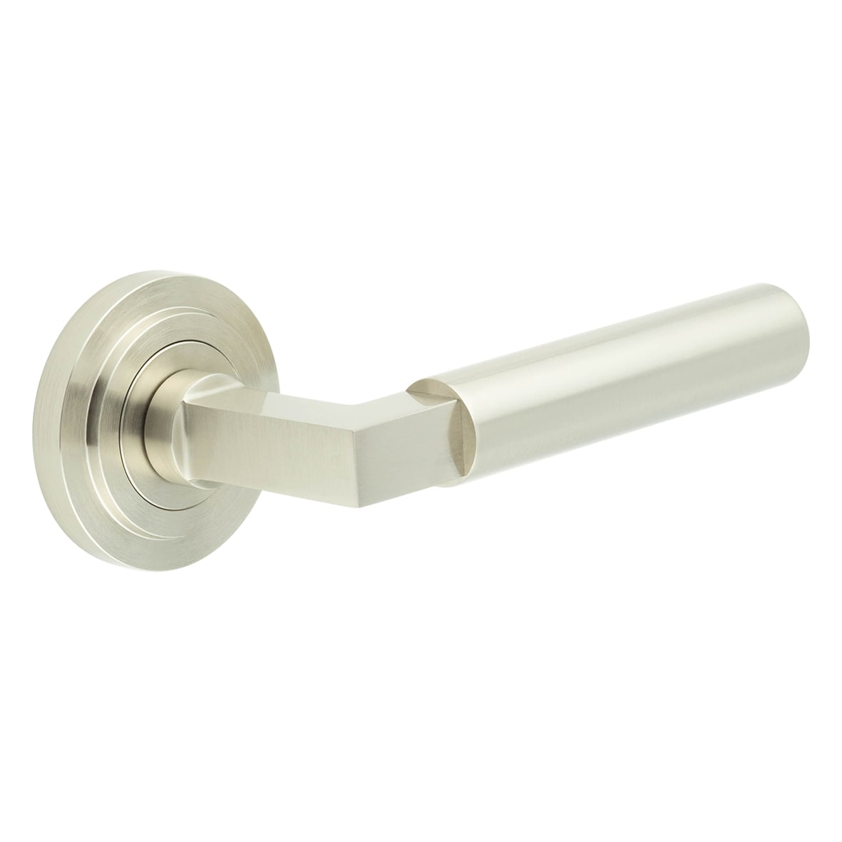 Satin Nickel Fire Rated Door Handles on Round Stepped Rose - Westminster Range