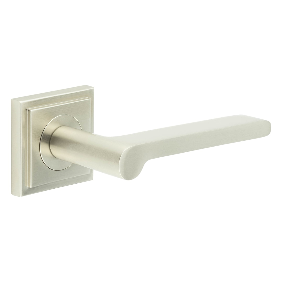 Satin Nickel Fire Rated Door Handles on Square Stepped Rose - Fitzrovia Range