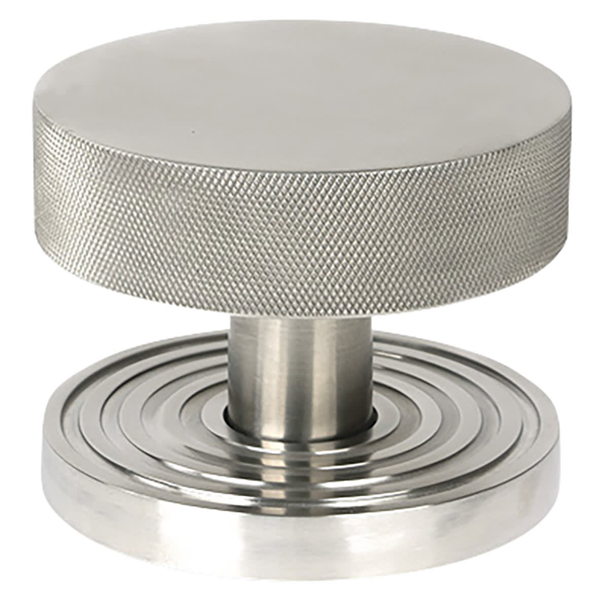 Brompton Satin Stainless Round Knurled Centre Door Knob on Beehive Rose - 90mm Rose Diameter