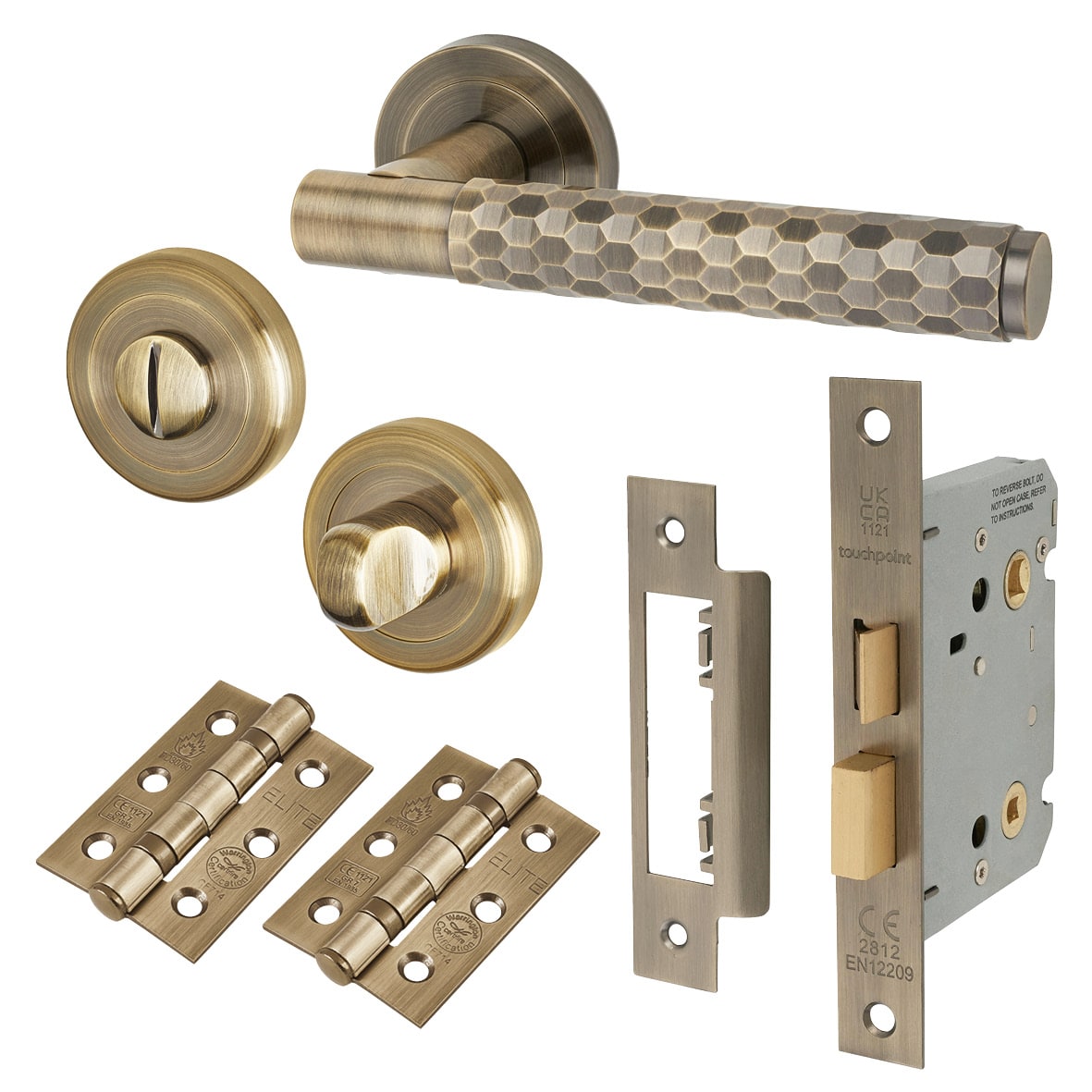 Antique Brass Honeycomb Bathroom Lock Door Handles on Rose Pack - Cara Range
