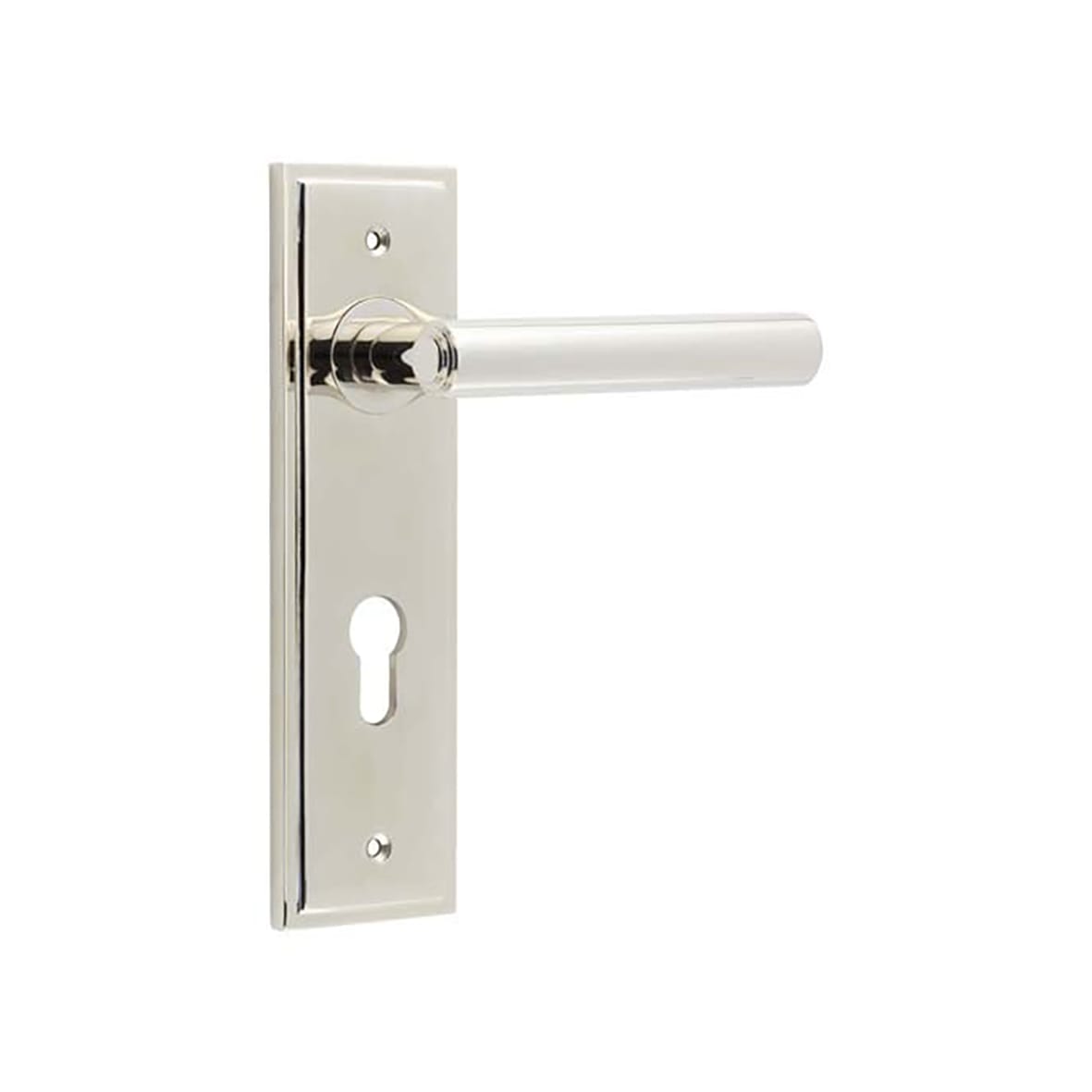 Polished Nickel Fire Rated DIN Euro Lock Door Handles - Richmond - 200 x 55mm