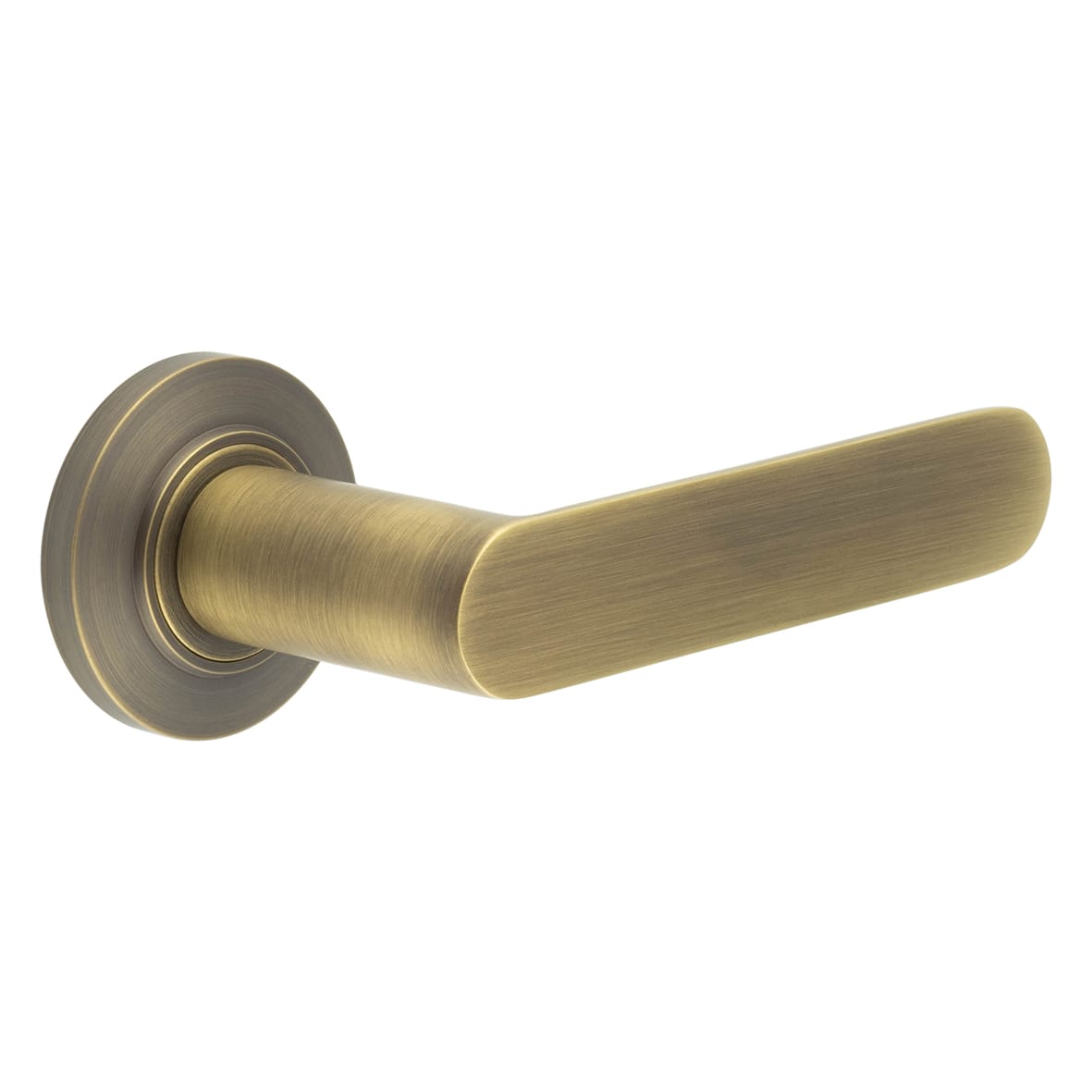 Antique Brass Fire Rated Door Handles on Round Chamfered Rose - Kensington Range