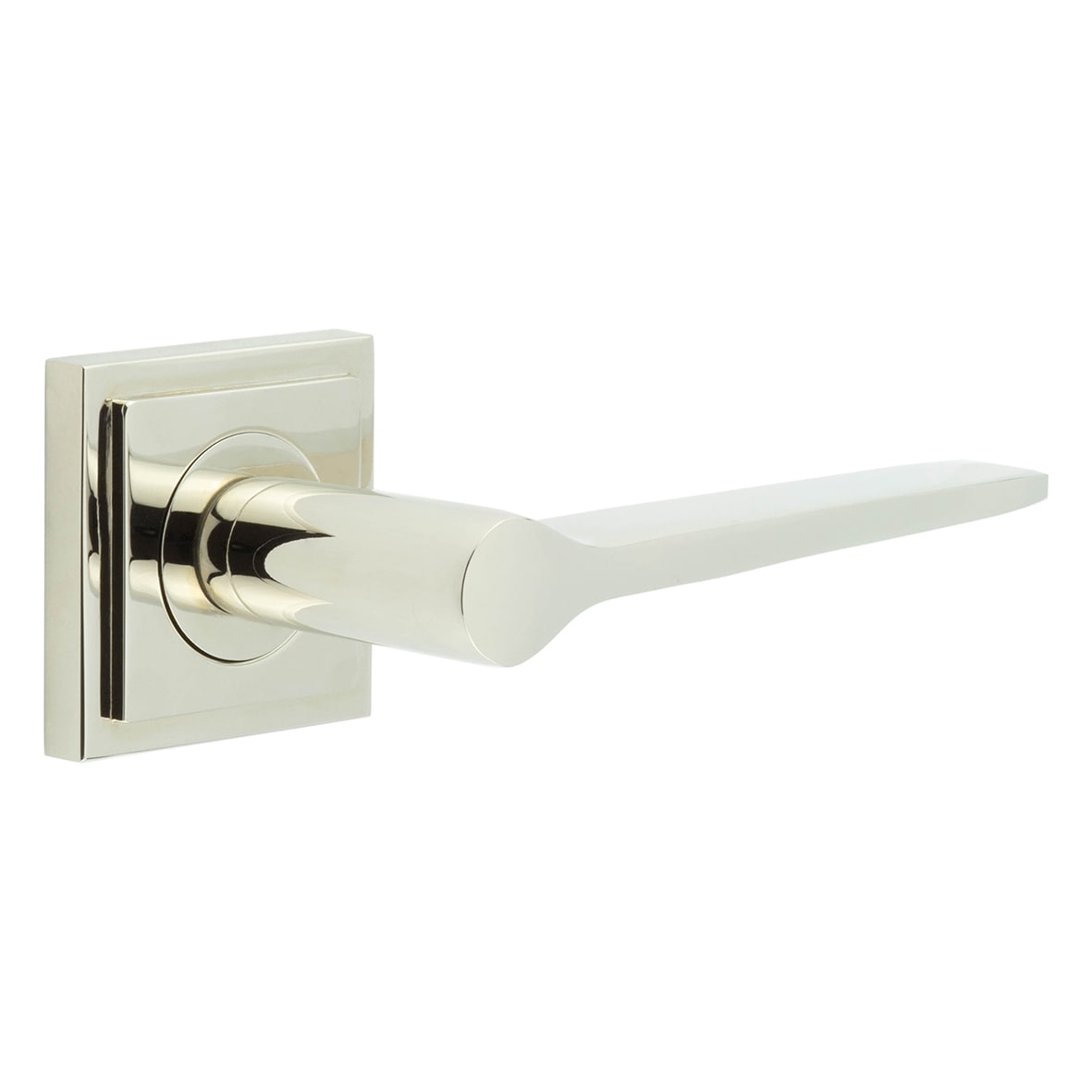 Polished Nickel Fire Rated Door Handles on Square Stepped Rose - Knightsbridge Range