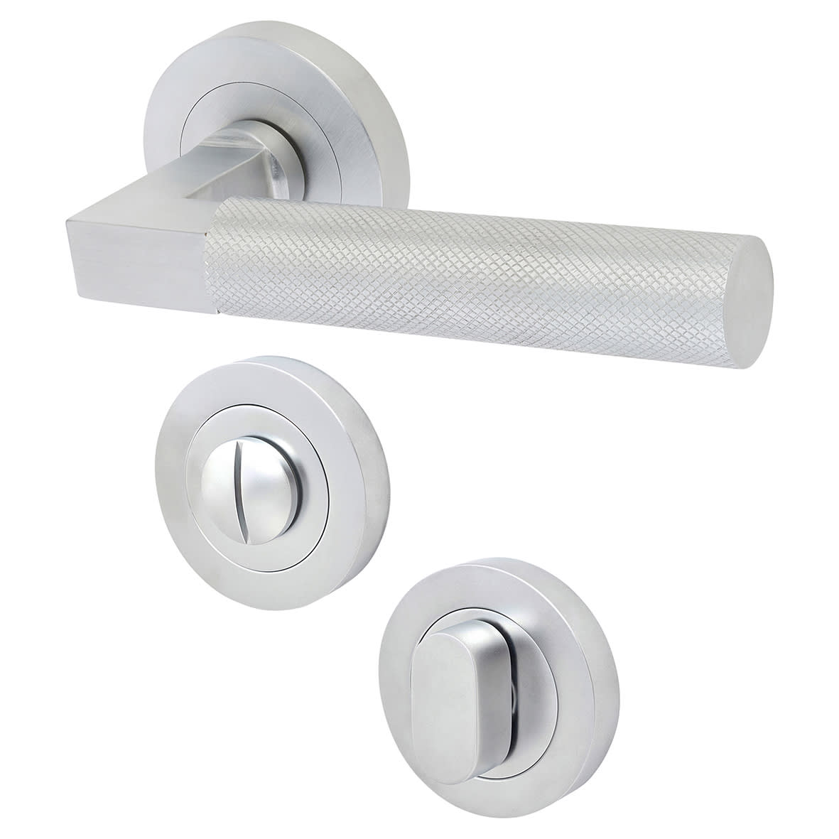 Satin Chrome Solid Brass Knurled Door Handles on Rose with Turn & Release