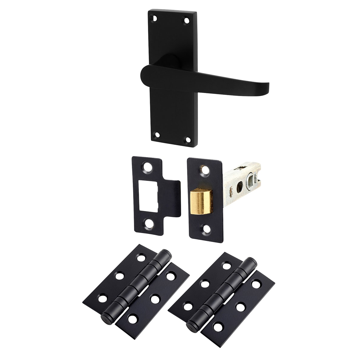 Matt Black Budget Straight Latch Door Handles Pack - Short Plate