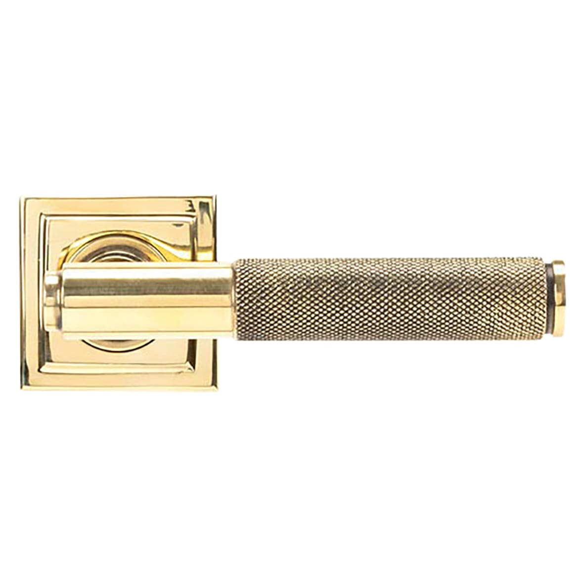 Aged Brass Knurled Door Handles on Square Rose - Brompton Range