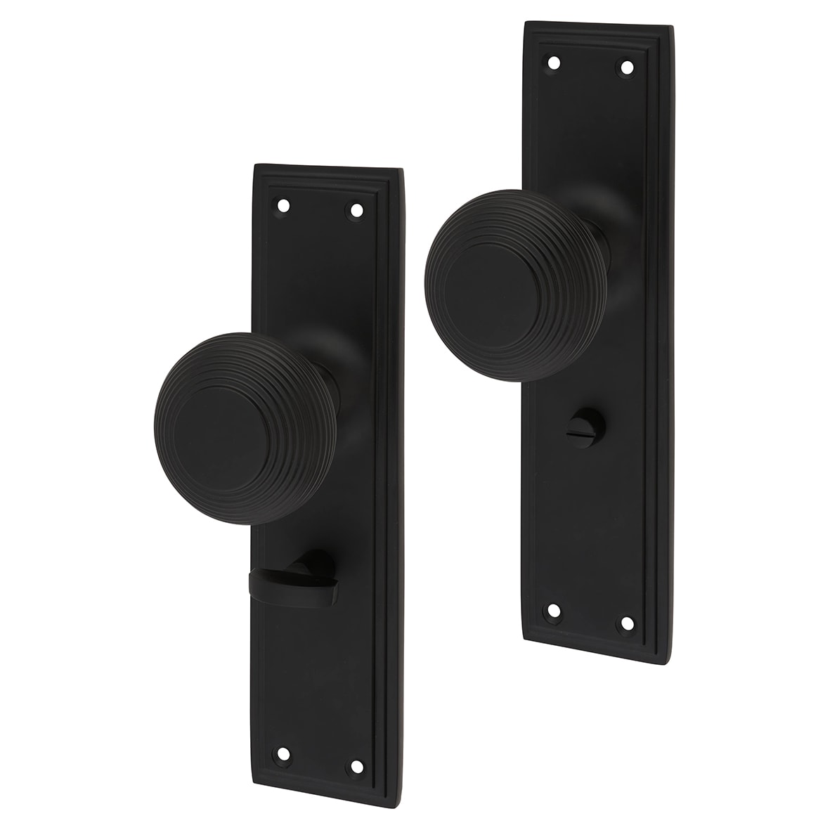 Matt Black Reeded Bathroom Mortice Door Knob on Backplate - 205 x 52mm - Miller Range
