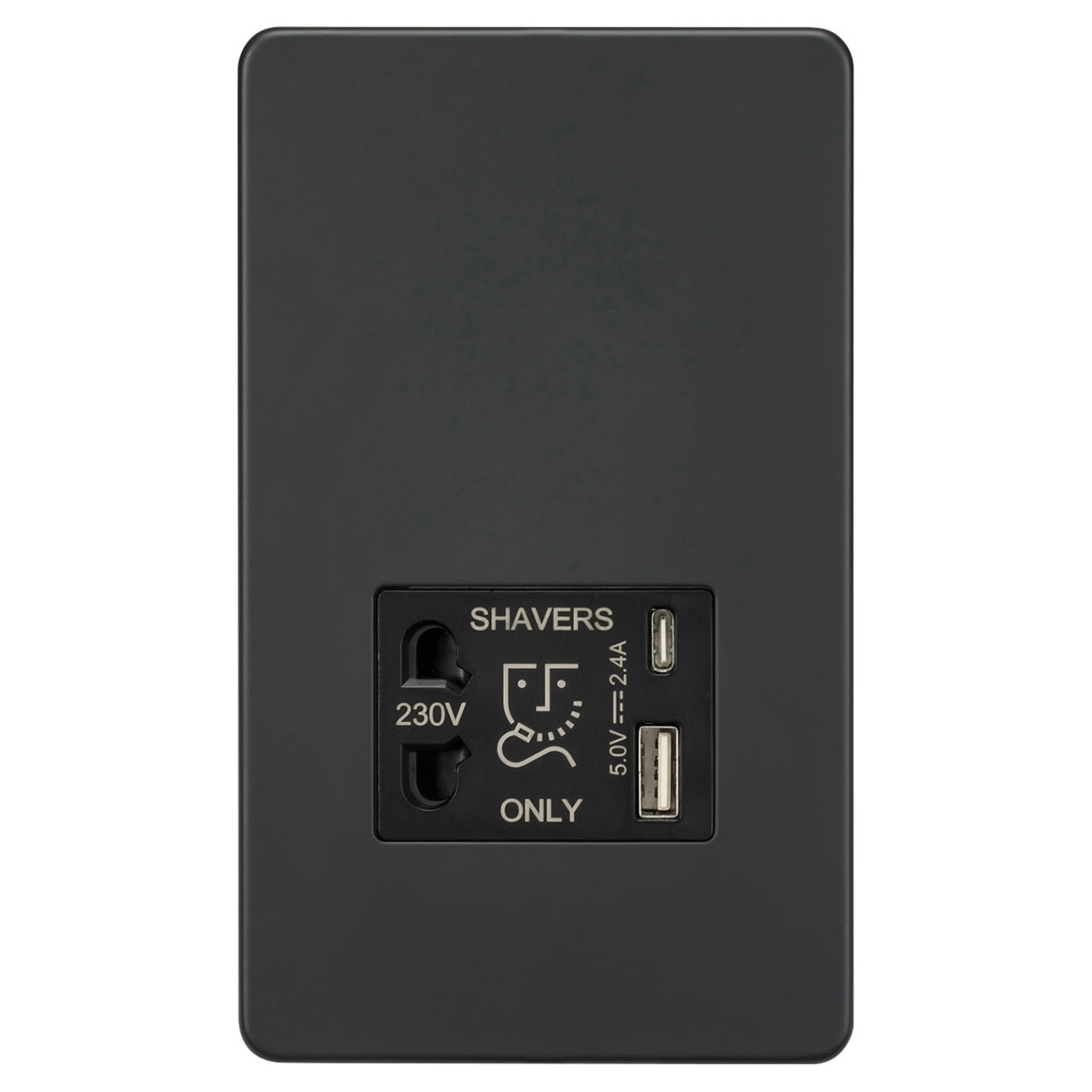 230V Shaver Socket with Type A/C USB Ports - 2.4A - Anthracite Grey