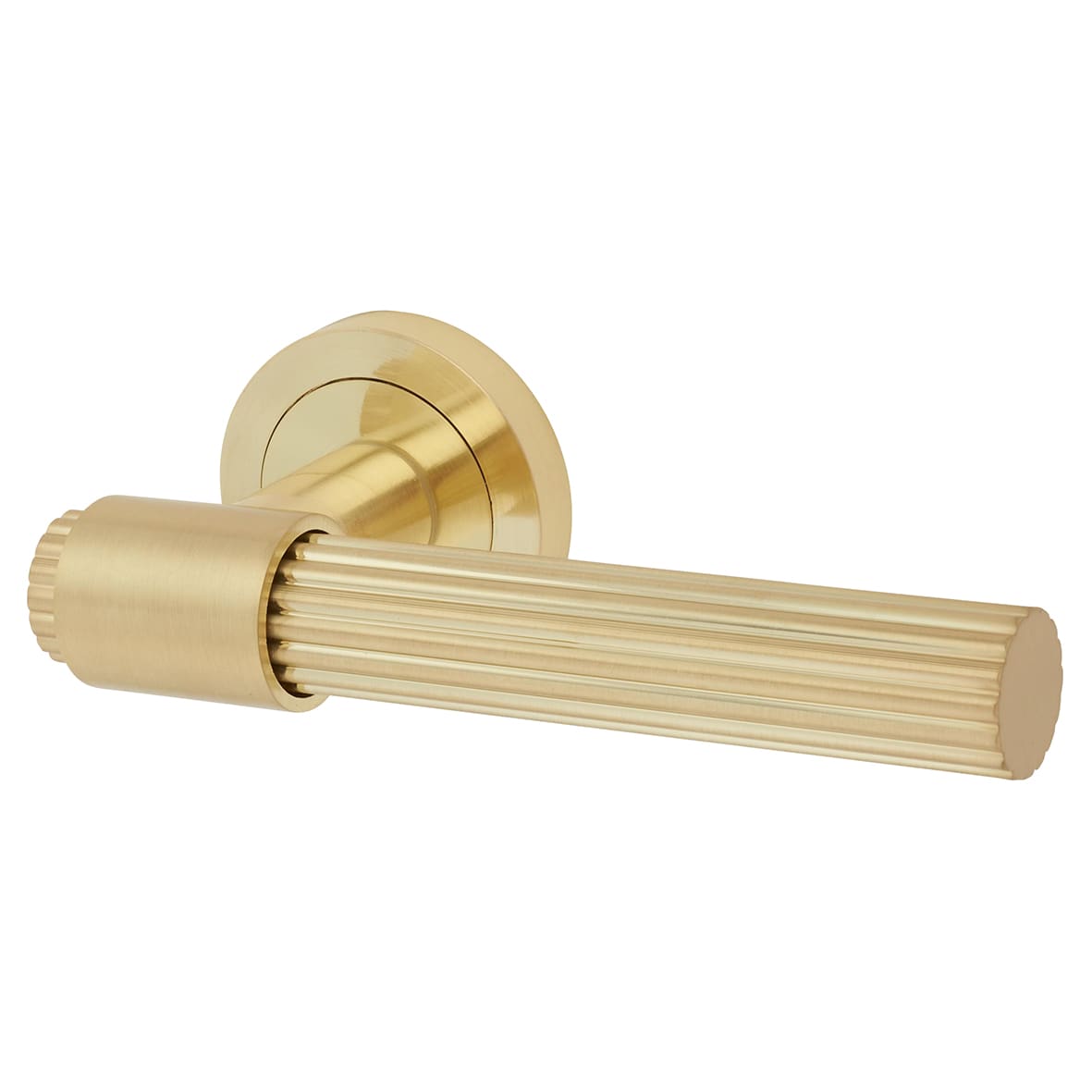 Satin Brass Lines Door Handles on Round Rose - Eva Range