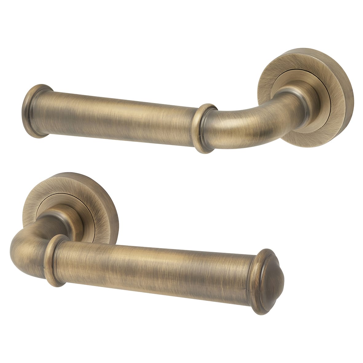 Antique Brass Fire Rated Door Handles on Round Rose - Classic Range