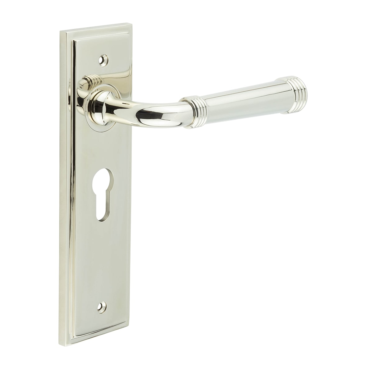 Polished Nickel Fire Rated Euro Lock Door Handles - Highgate - 200 x 55mm