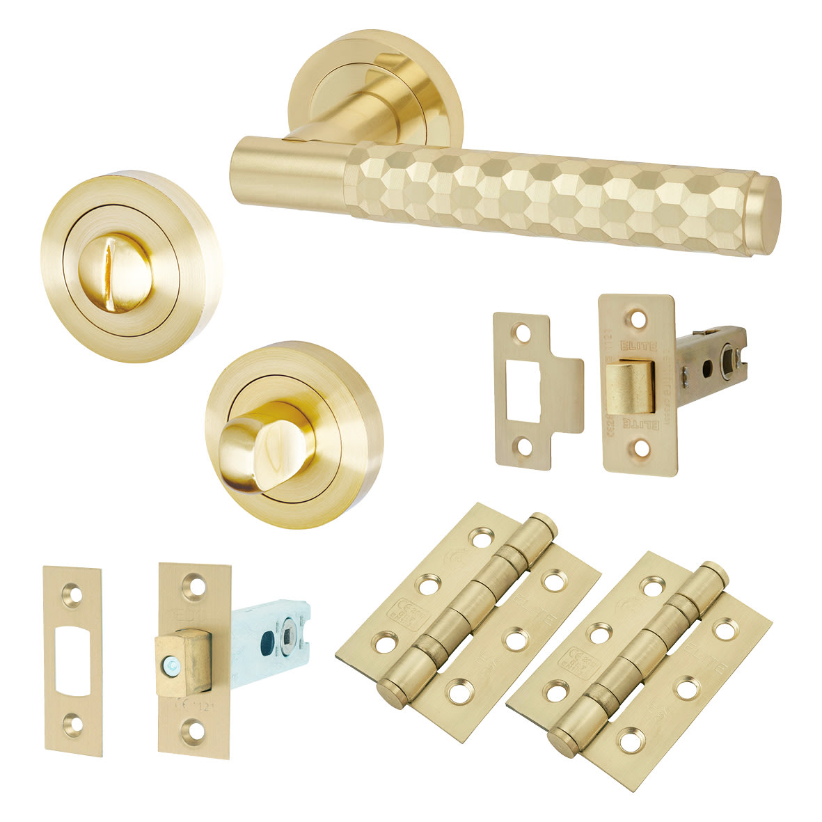 Satin Brass Honeycomb Bathroom Deadbolt Lock Door Handles on Rose Pack - Cara Range