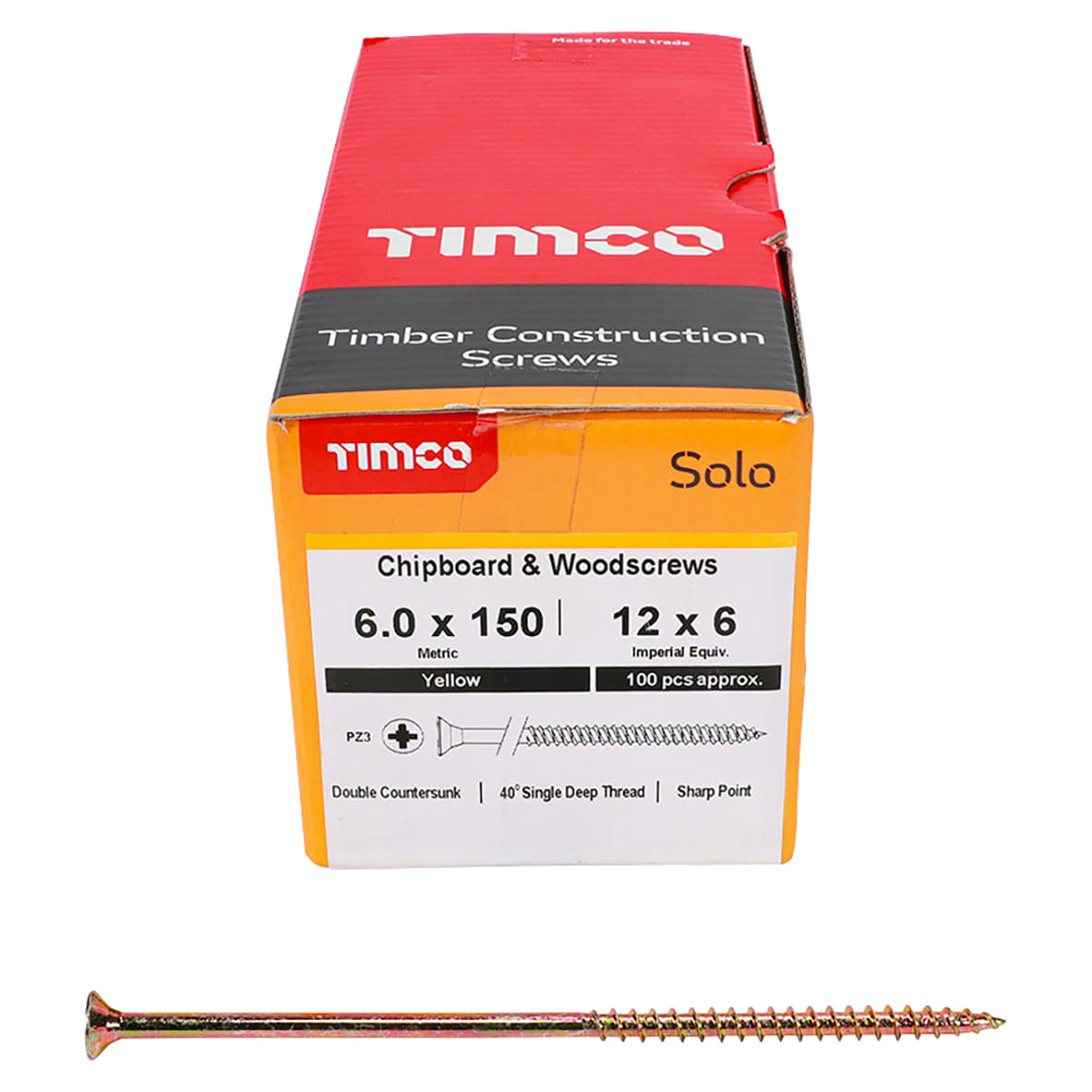 Solo Chippy Pozi Countersunk Wood Screws - 6.0 x 150mm - Yellow Zinc - Pack of 100