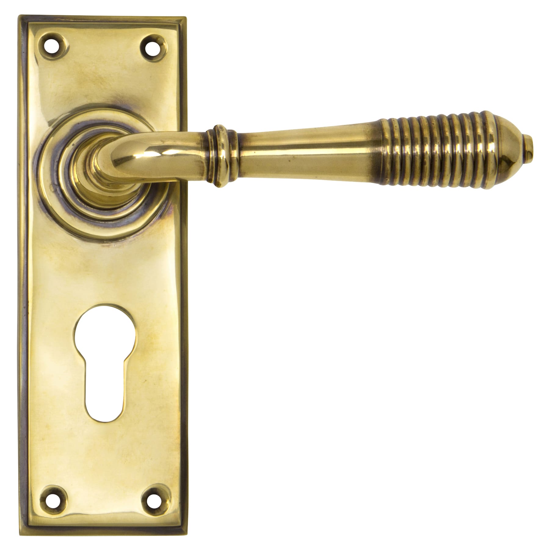 Aged Brass Reeded Euro Lock Door Handles - 152 x 50mm