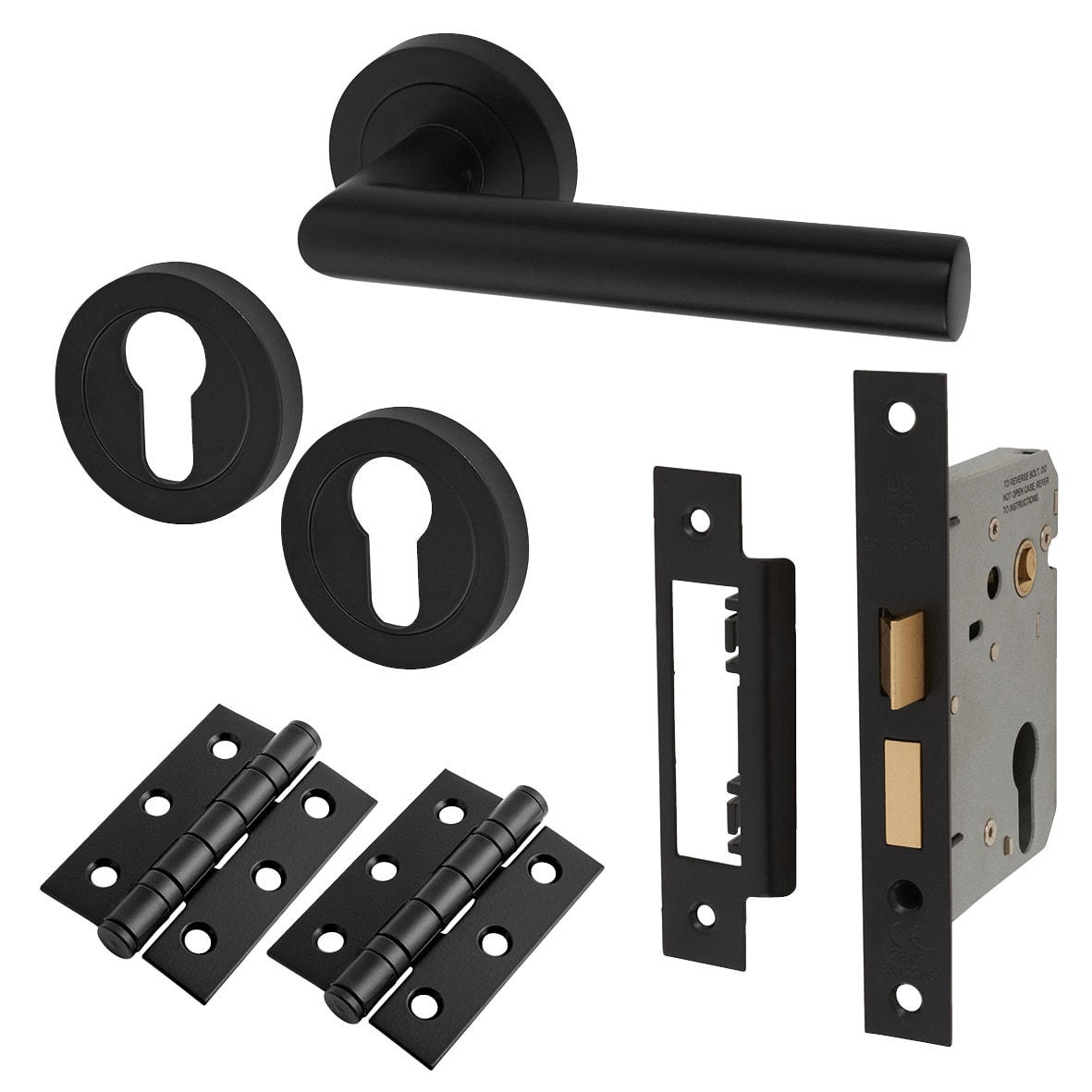 Matt Black Euro Lock Door Handle on Rose Pack - Emily Range