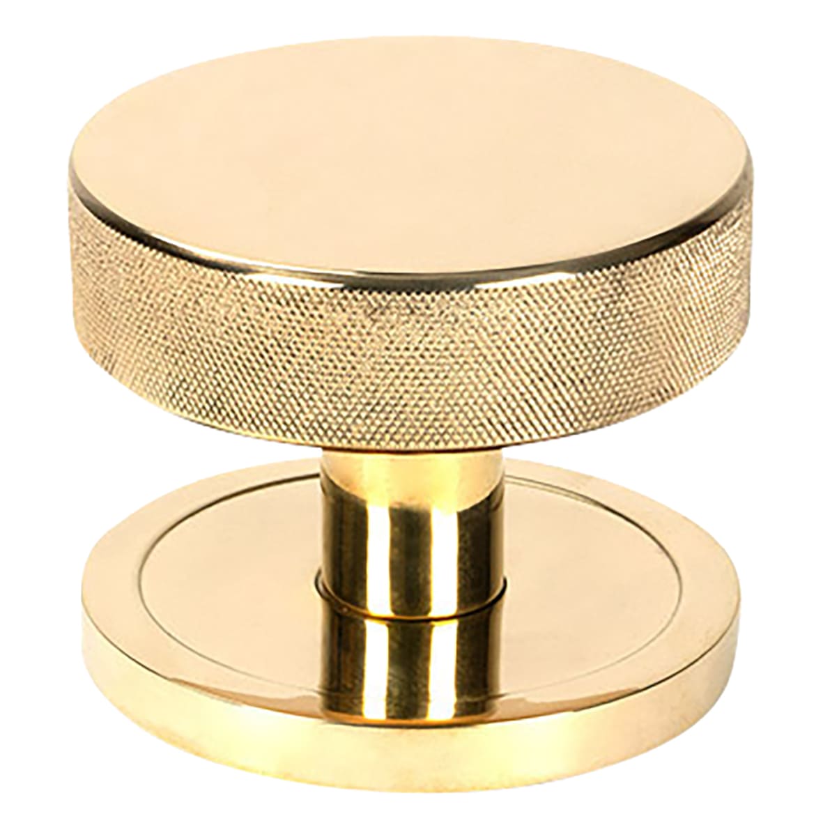 Brompton Polished Brass Round Knurled Centre Door Knob - 90mm Rose Diameter