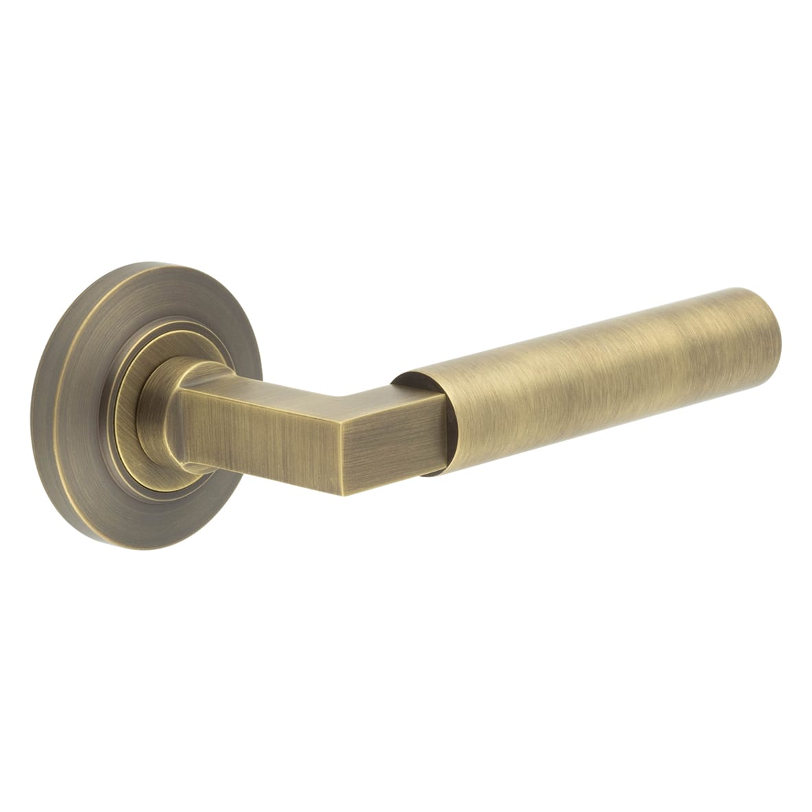Antique Brass Fire Rated Door Handles on Round Chamfered Rose - Westminster Range