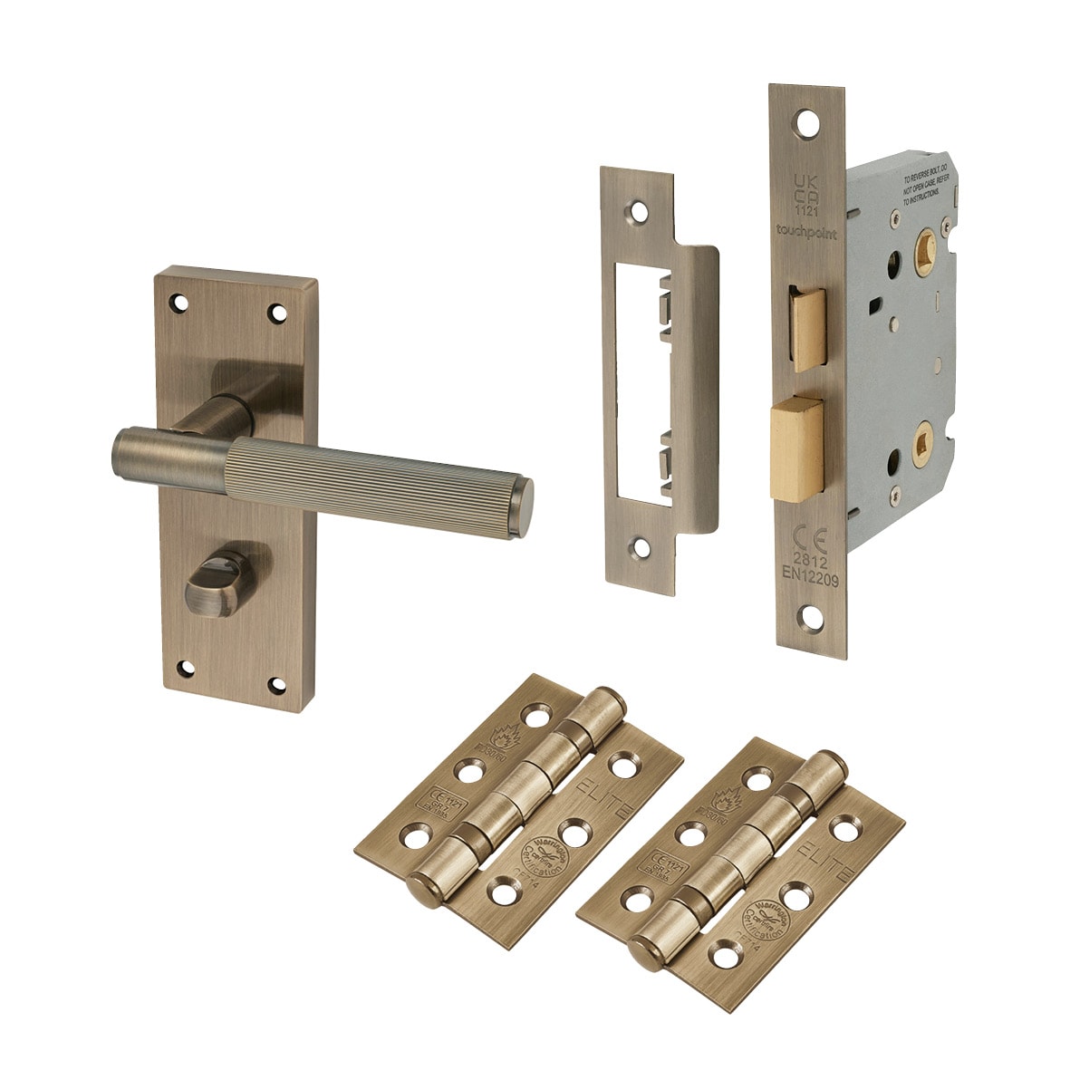 Antique Brass Lines Bathroom Lock Door Handles Pack - Nova Range