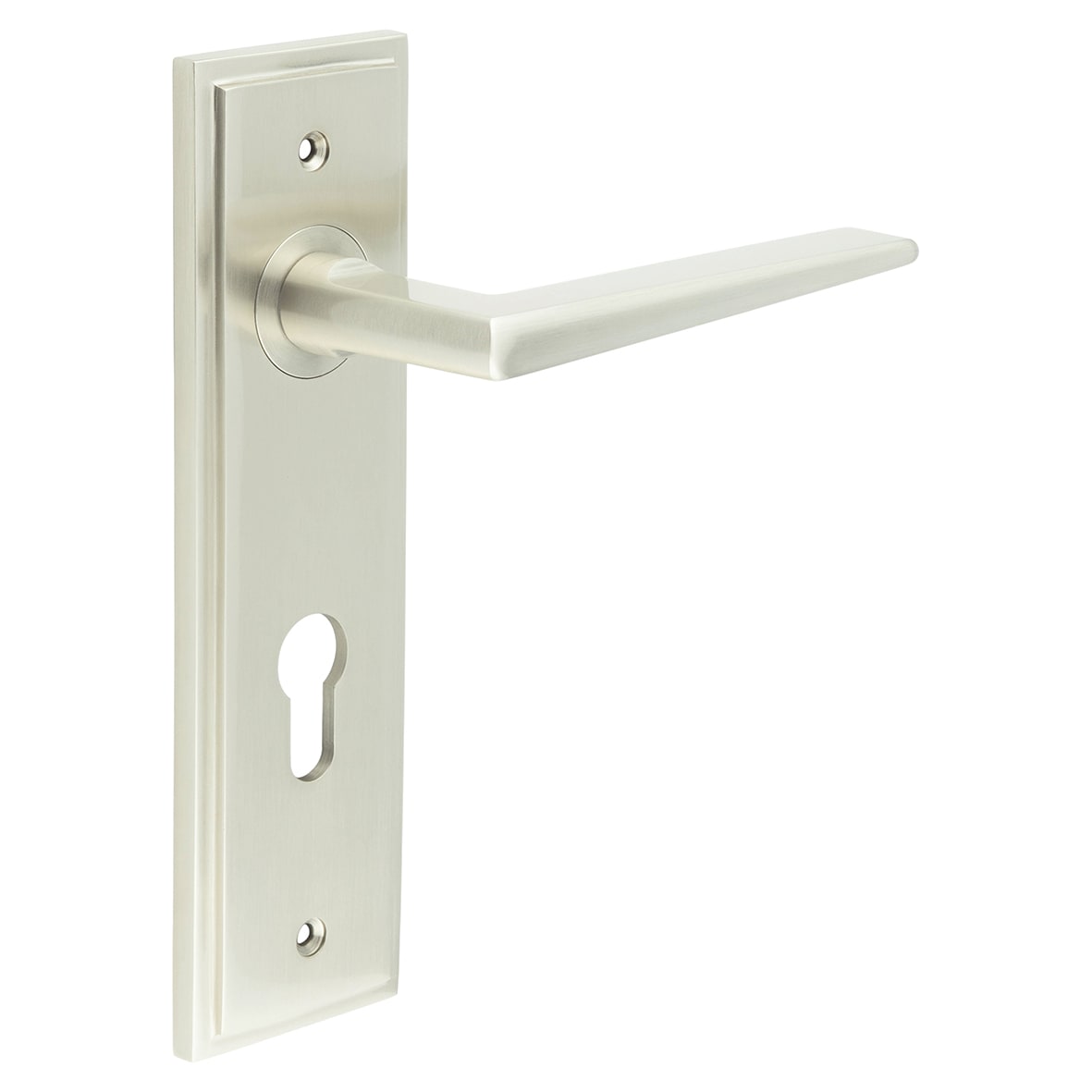 Satin Nickel Fire Rated DIN Euro Lock Door Handles - Mayfair - 200 x 55mm