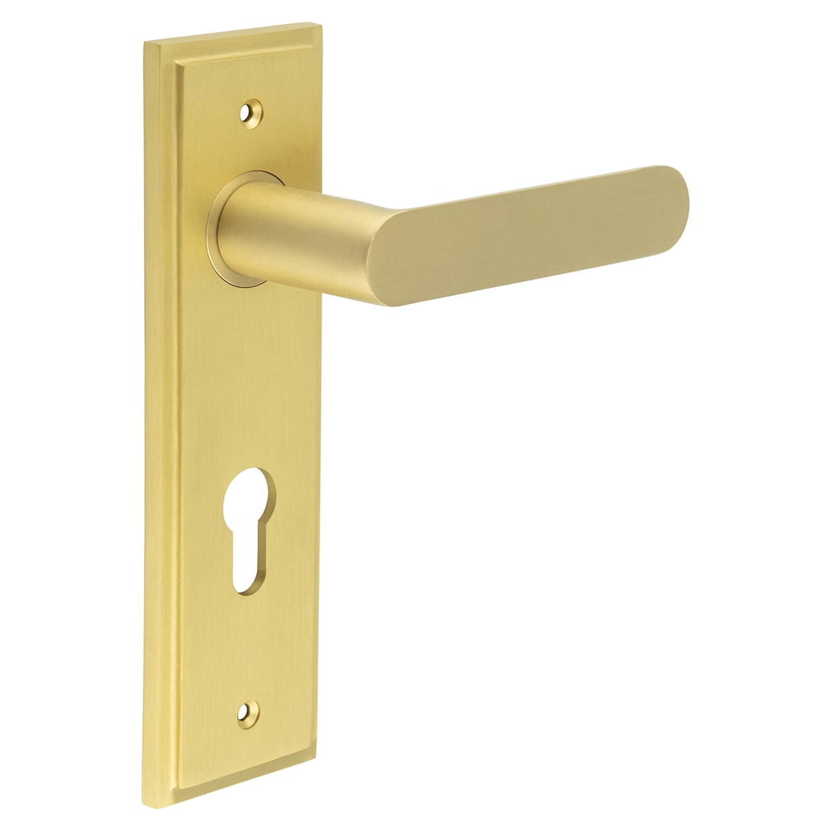 Satin Brass Fire Rated DIN Euro Lock Door Handles - Kensington - 200 x 55mm
