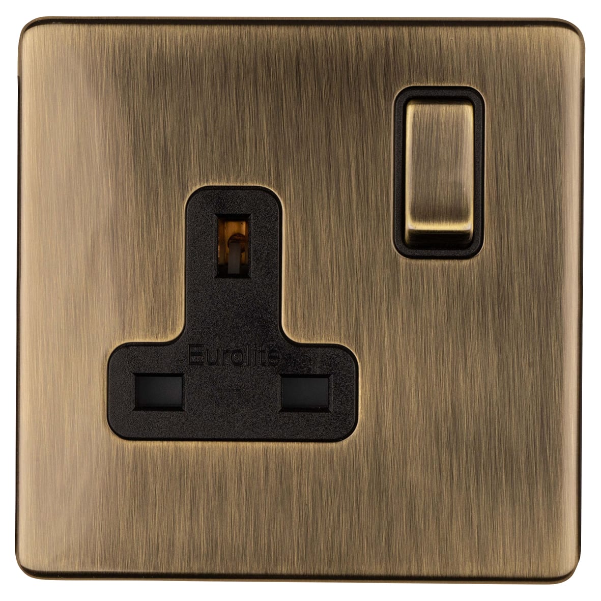 Concealed 13A 1 Gang Screwless Flat Plate DP Switched Socket - Antique Brass/Black