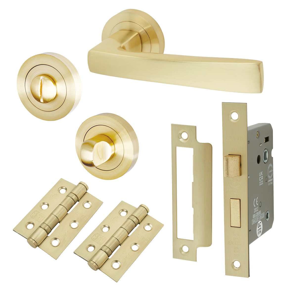 Satin Brass Bathroom Lock Door Handles on Rose Pack - Ivy Range