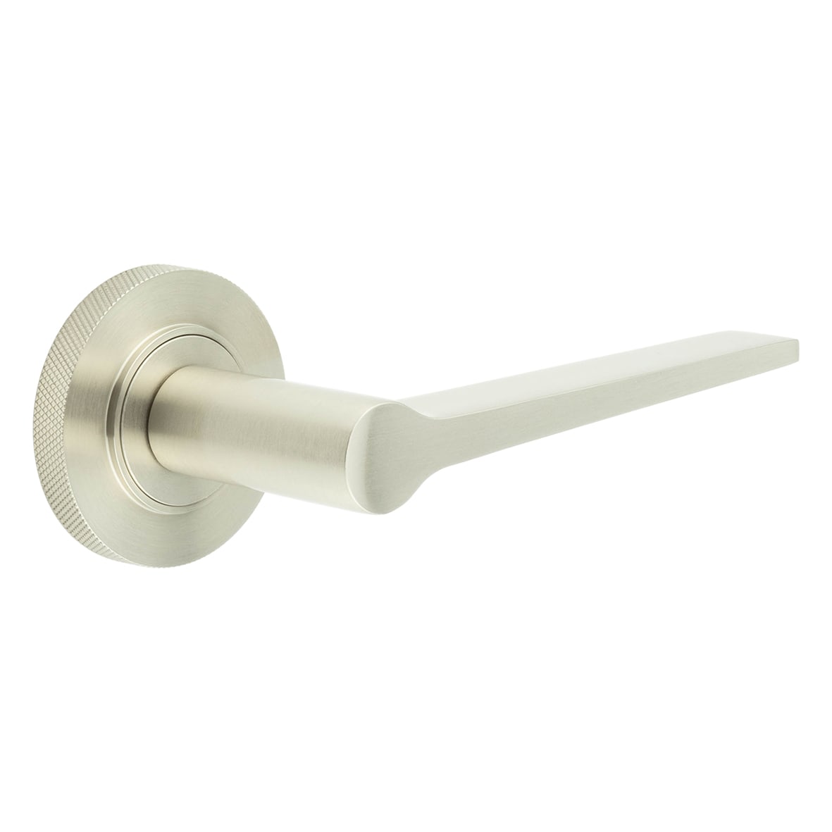 Satin Nickel Fire Rated Door Handles on Round Knurled Rose - Knightsbridge Range