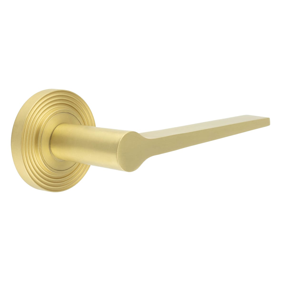 Satin Brass Fire Rated Door Handles on Round Reeded Rose - Knightsbridge Range