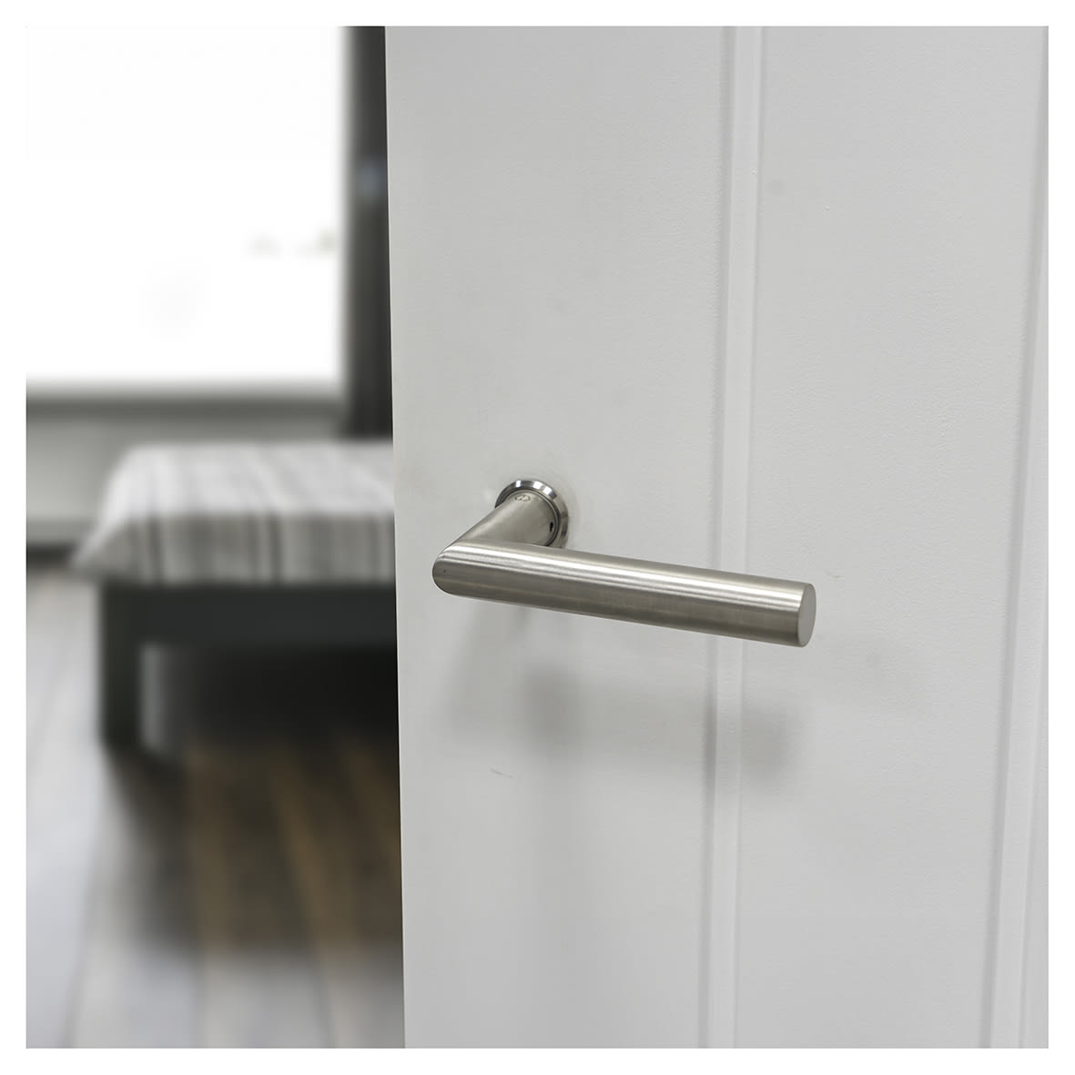 Satin Nickel Door Handles on Round Mini Rose - Amsterdam Range