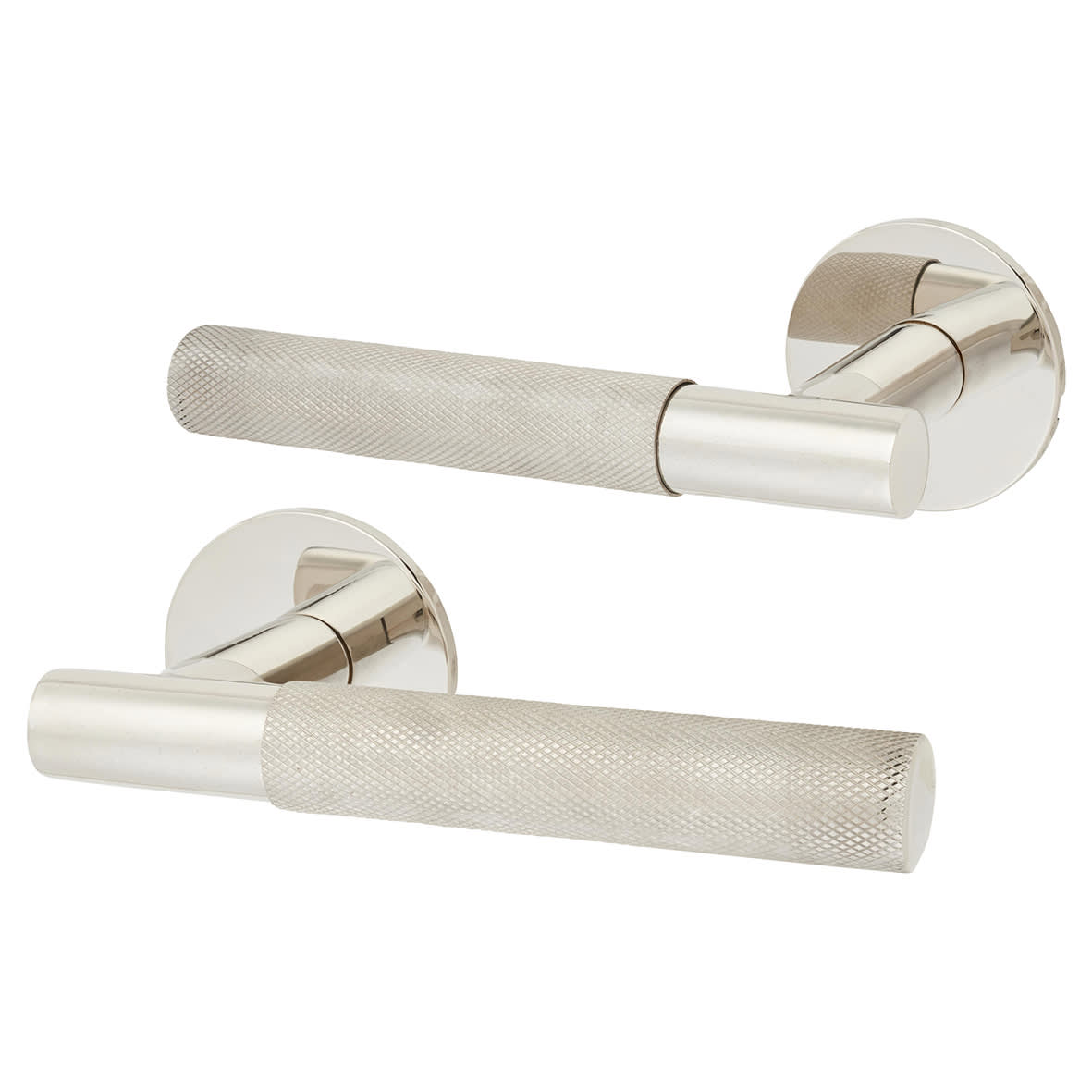 Polished Stainless Steel Knurled Door Handles on Round Slim Rose - Schema Teckna Range